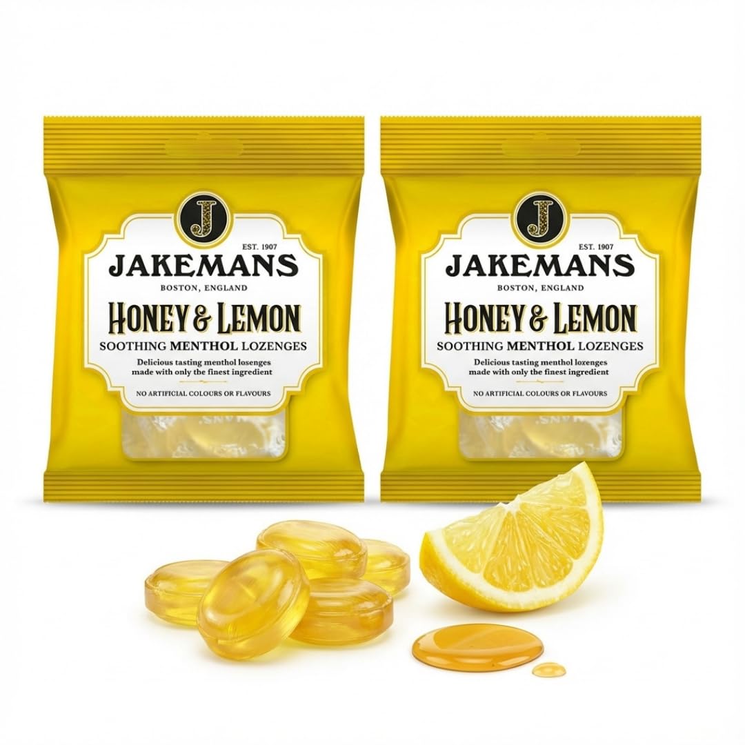 Jakemans Honey & Lemon Hard Sweets 2 x 73g - Classic British Boiled Candy with Natural Honey and Lemon Flavour - Vegetarian Friendly, No Artificial Colours or Flavours