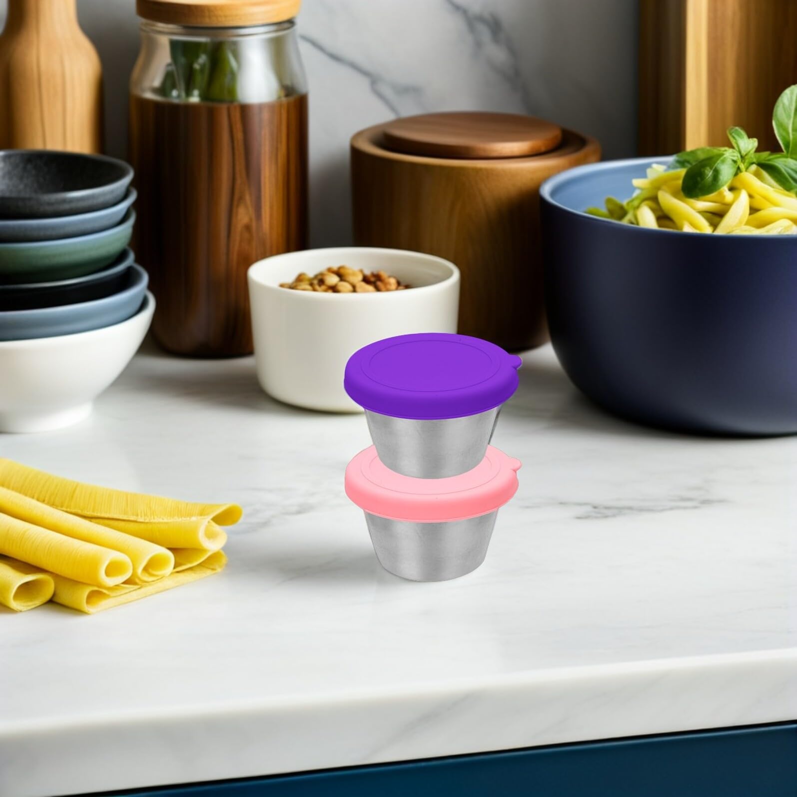 LABRIMP 8 Pièces Lot Contenants à Sauce Acier Inoxydable avec Couvercles Silicone Étanches Bols à Dip Réutilisables pour Condiments Épices et Préparation Repas Boîtes de Rangement