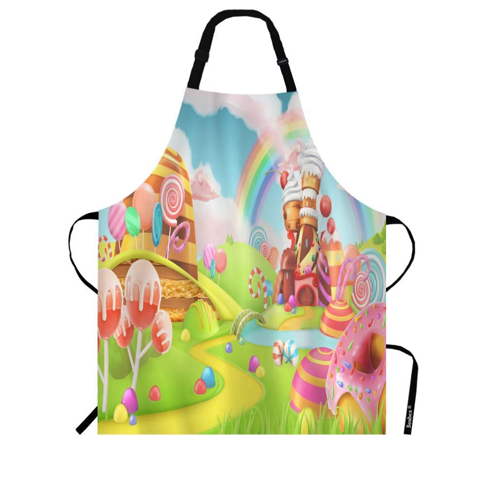 BeabesBeabes Sweet Candy Rainbow Land Bib Apron Adjustable Neck Strap Colored Candy Castle House Lollipop Cake Polyester Work Apron Crafting BBQ Drawing Chef Waitress 27" X 31"