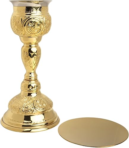 Miniatura 2 de Juego de cáliz y patena de latón pulido en relieve, suministros tradicionales de comunión de iglesia católica, copa de 8 x 3.75 pulgadas con placa
