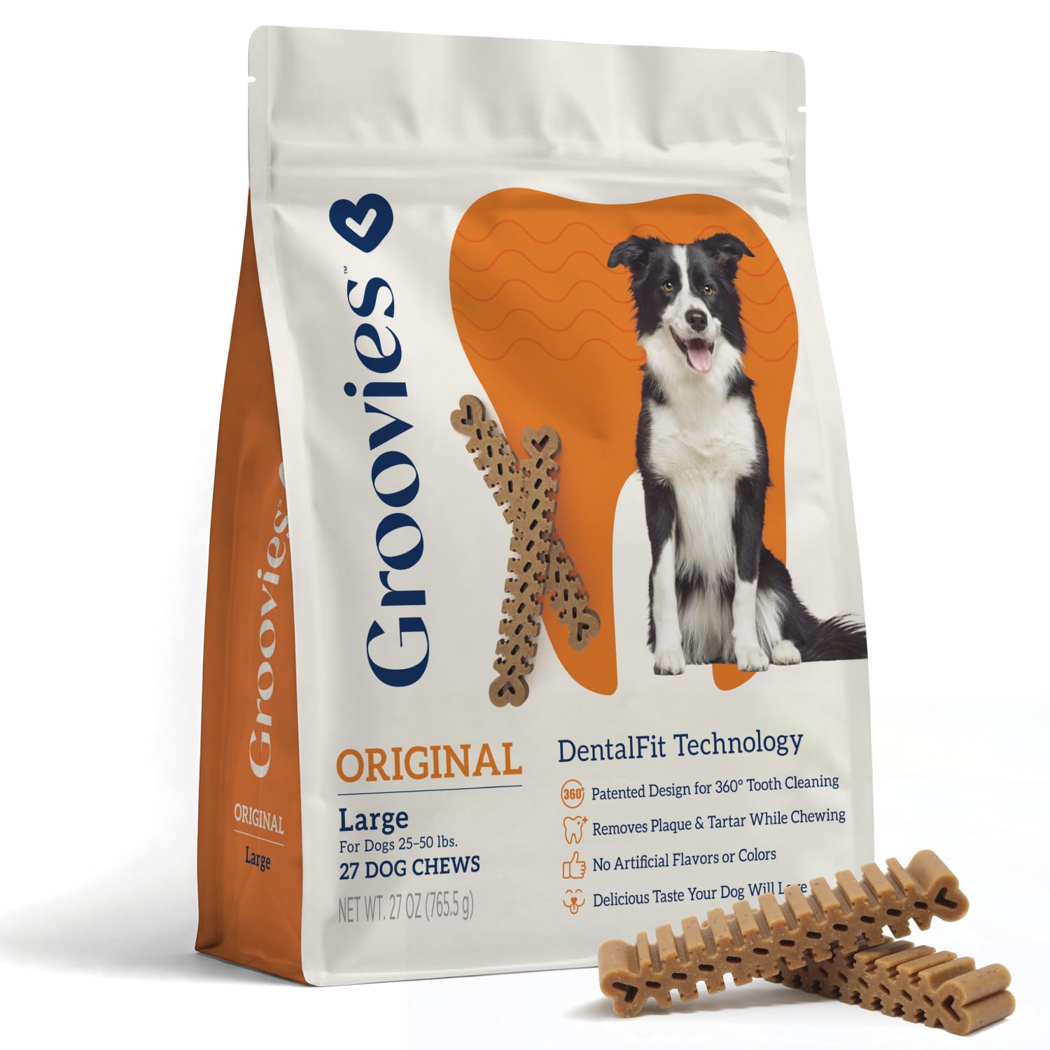 Groovies Mastica dentale quotidiana per cani flessibile, moderatamente dura. Alimentato dalla tecnologia brevettata DentalFit negli Stati Uniti. Senza glutine aggiunto, senza aromi artificiali, colori
