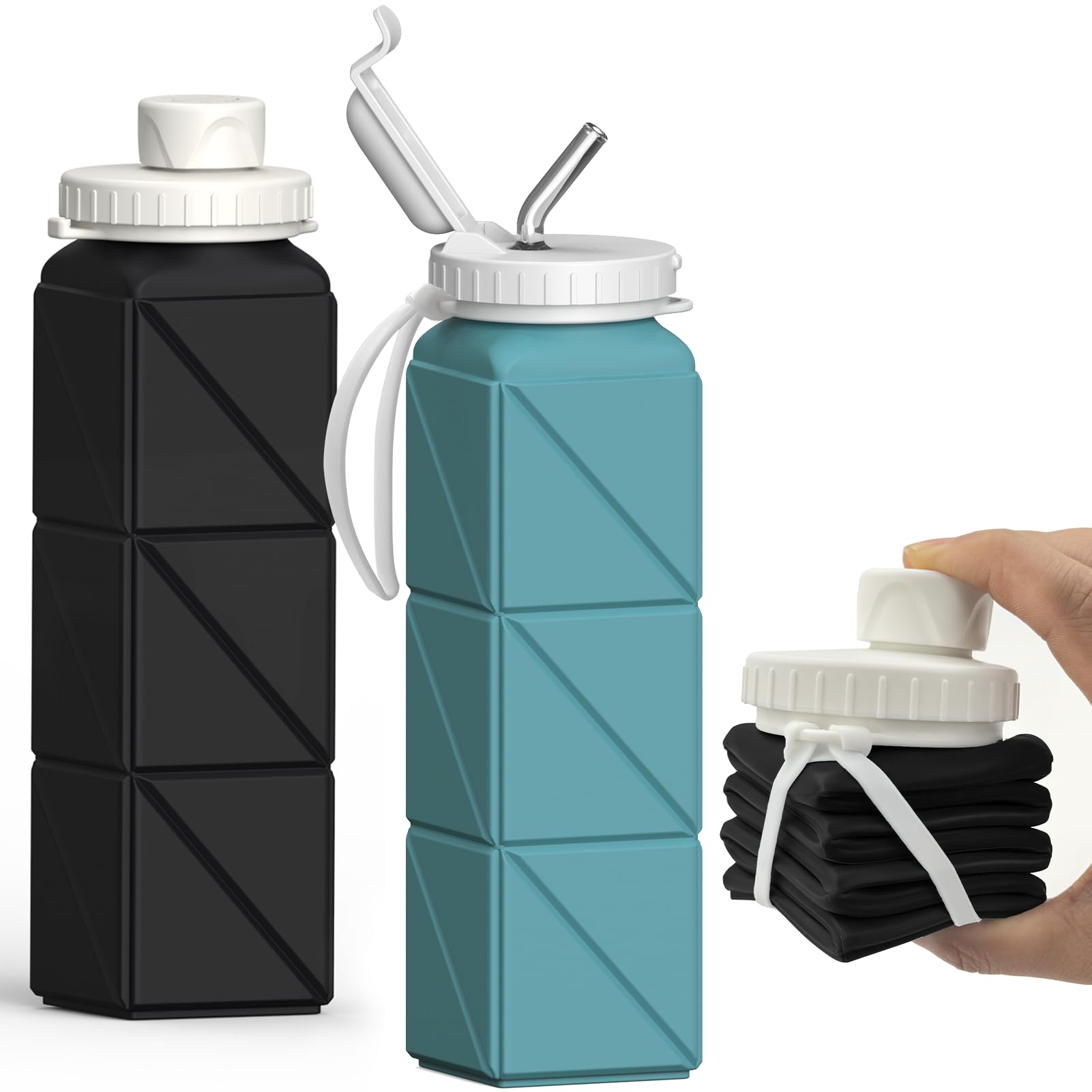 BEAUTAIL Collapsible Water Bottles 20.6oz 2 Pack, Silicone Foldable Portable Travel Water Bottle, BPA-Free Reusable Leakproof for Travel Camping