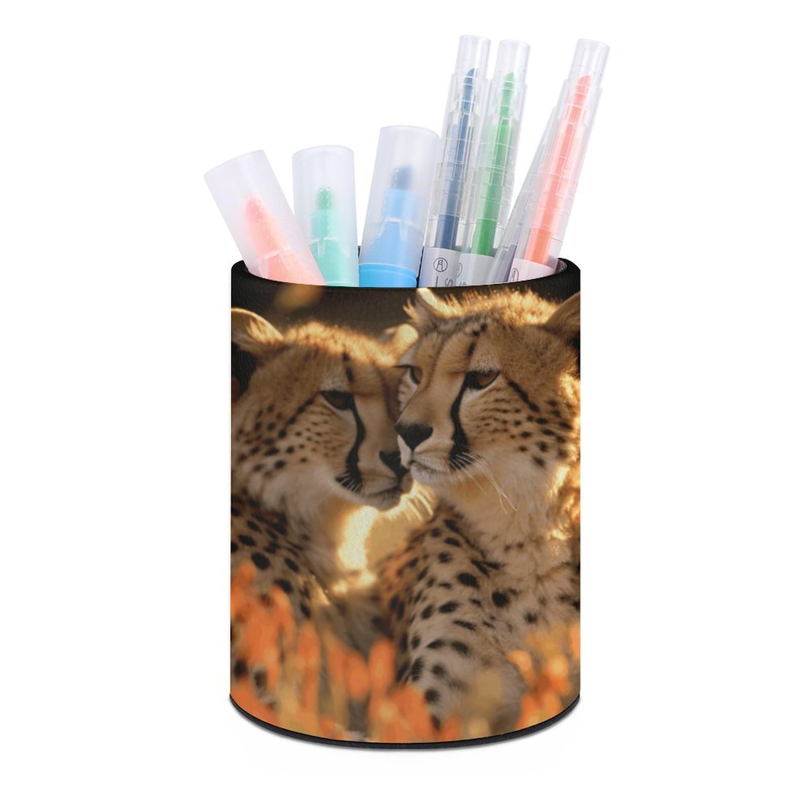 JTREHY Round Pen Holder,Cheetah Love Printed Makeup Brush Storage Box for Home Office Dressing Table
