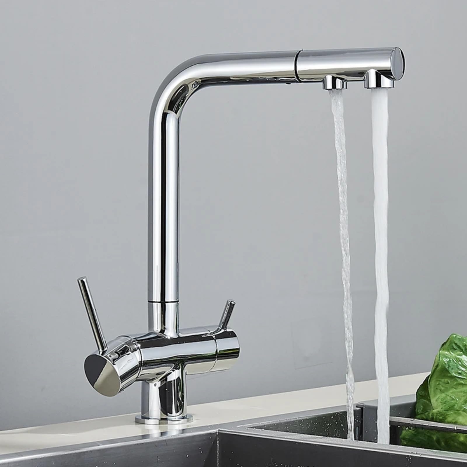 Brass Pull Out Kitchen Faucet - 360° Rotation Dual Sprayer Drinking Water Tap for Vessel Sink Filtered Purifier Mixer