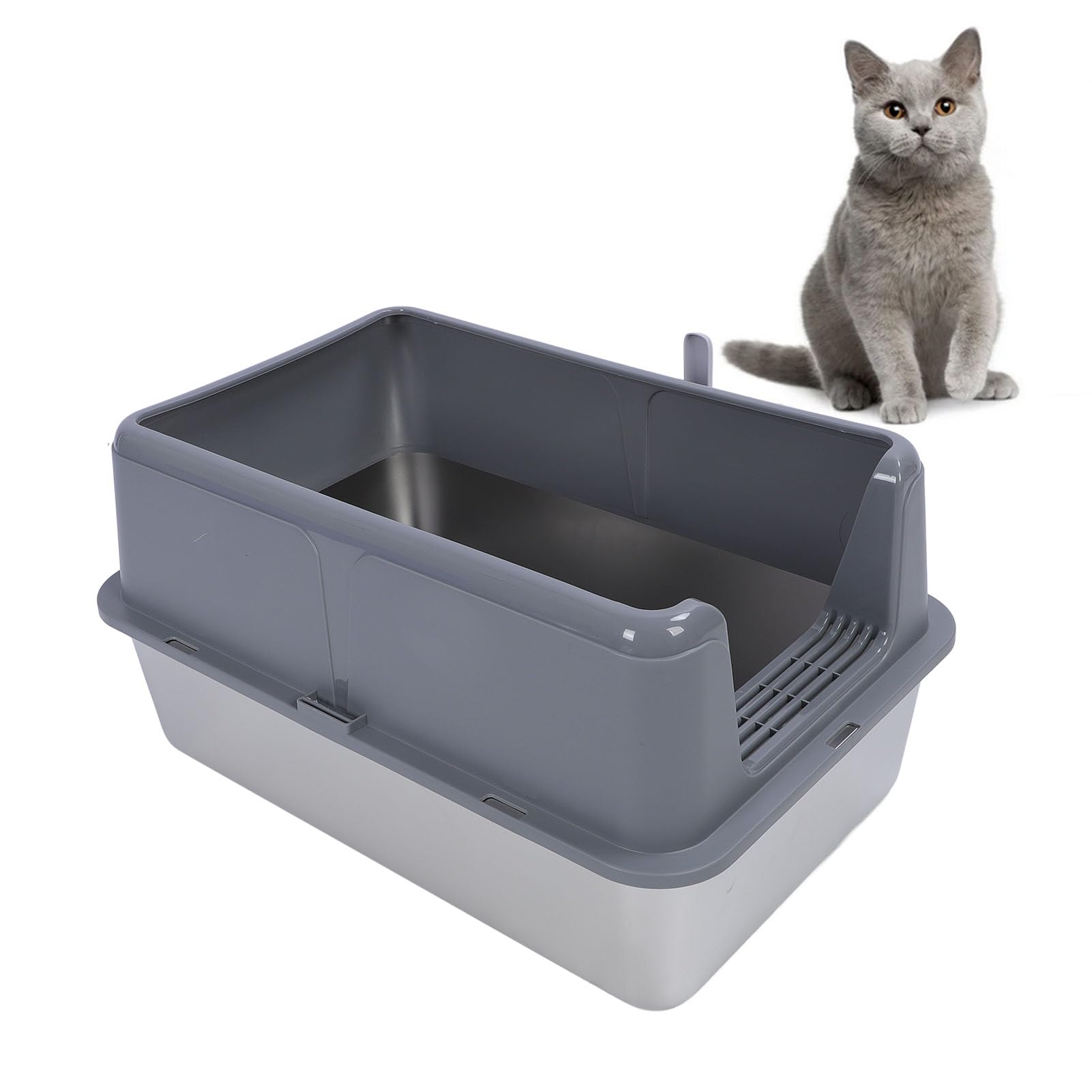 Arenero Cerrado de Acero Inoxidable para Gatos, Extra Grande 23,62x15,75x5,91 Pulgadas Arenero metálico para Gatos, Bordes Altos, antisalpicaduras, fácil de Limpiar (Grey)