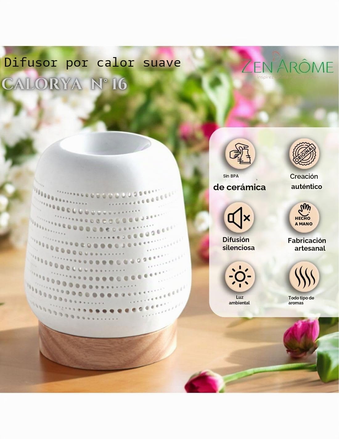 Zen'Arôme Calorya n°16 - Quemador eléctrico de Cera aromática - Quemador de Aroma de Calor Suave - Cerámica con decoración Calada e iluminación Ambiental - H 21,5 cm
