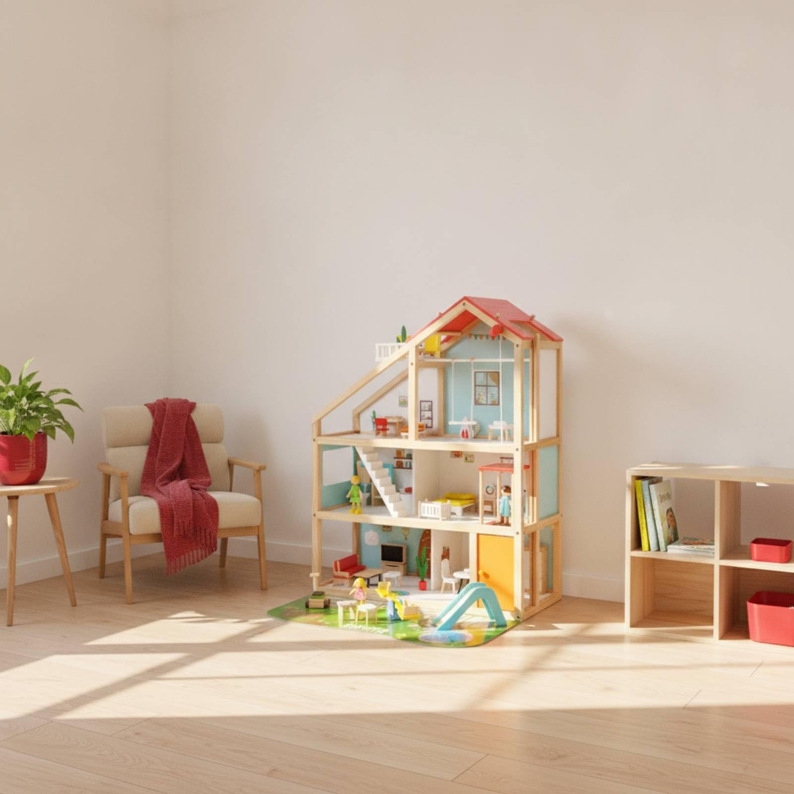 Almencla Puppenhaus Holz Puppenhaus Spielhaus Miniaturhaus mit Kompletter Ausstattung Figuren Möbeln Und Outdoor Zubehör für Geschwisterspiel Reise Geeignet