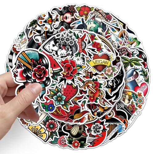 100Stk Tattoo-Muster Graffiti Persönlichkeit Retro alte Schule Wind DIY Skateboard Gepäck Wasser Tasse Aufkleber,Wasserfeste Vinyl Stickers(J)