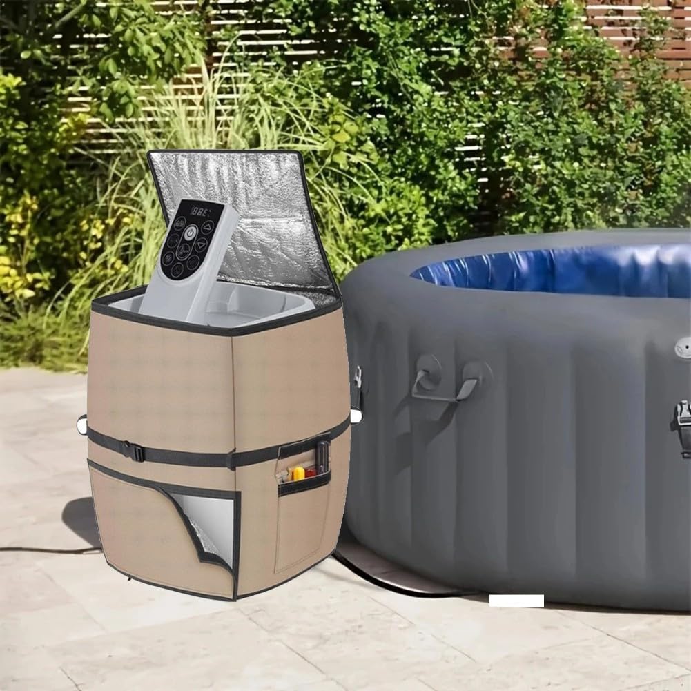 Spa-Pumpenabdeckung, 600D Oxford mit Aluminiumisolierung, wasserdichte Heizjacke für Outdoor-Whirlpool-Pumpen, winddichte Gurte und Aufbewahrungstasche, Khaki