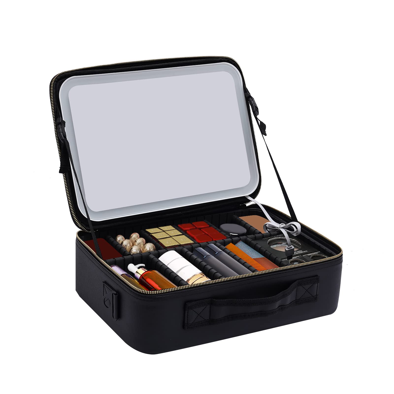 Reise-Makeup-Tasche,Kosmetiktasche Make up Organizer Tasche,3 Farbe Modi einstellbare Helligkeit, wasserdicht PU Leder Makeup Reisekoffer Makeup Zug Tasche,mit Spiegel Tragbar,Schwarz
