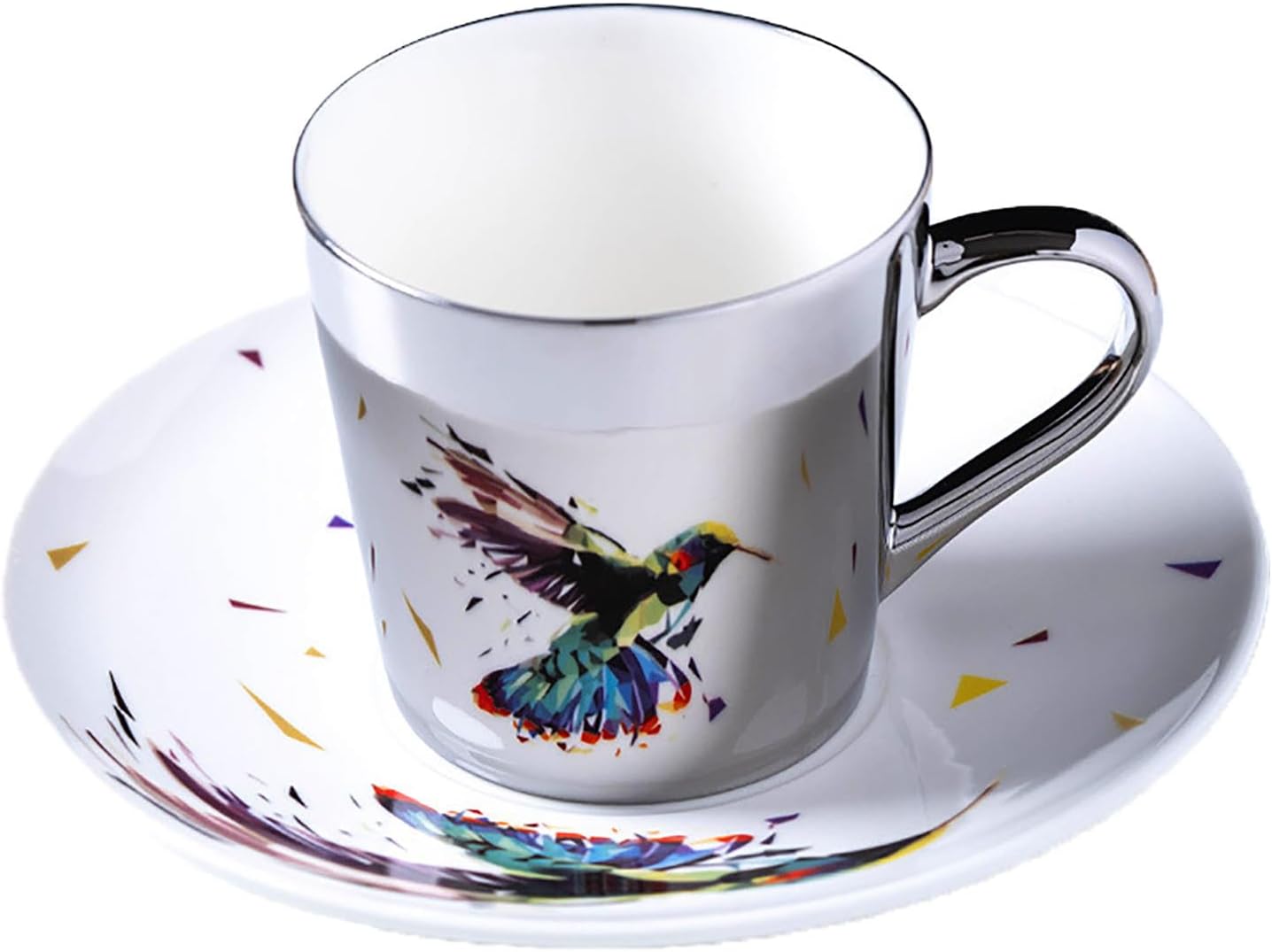 Multi-Surface Dynamic Reflection Ceramic Mug, Mirror Cups and Saucers, Vintage Coffee Mugs, 8.45oz for Wedding Party, Milk, Cappuccino, Latte, Afternoon Tea (Silver Hummingbird)