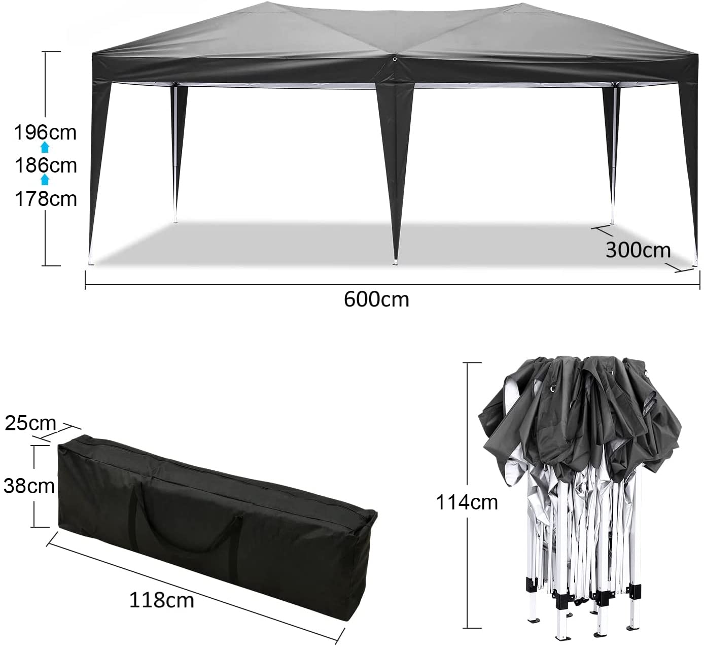 COBIZI Gazebo pieghevole 3 x 6 cm, impermeabile, resistente all'inverno, pop-up, pieghevole, 3 x 6 cm, con 6 bordi laterali, 3 altezze regolabili, protezione UV, per feste, mercato, eventi all'aperto