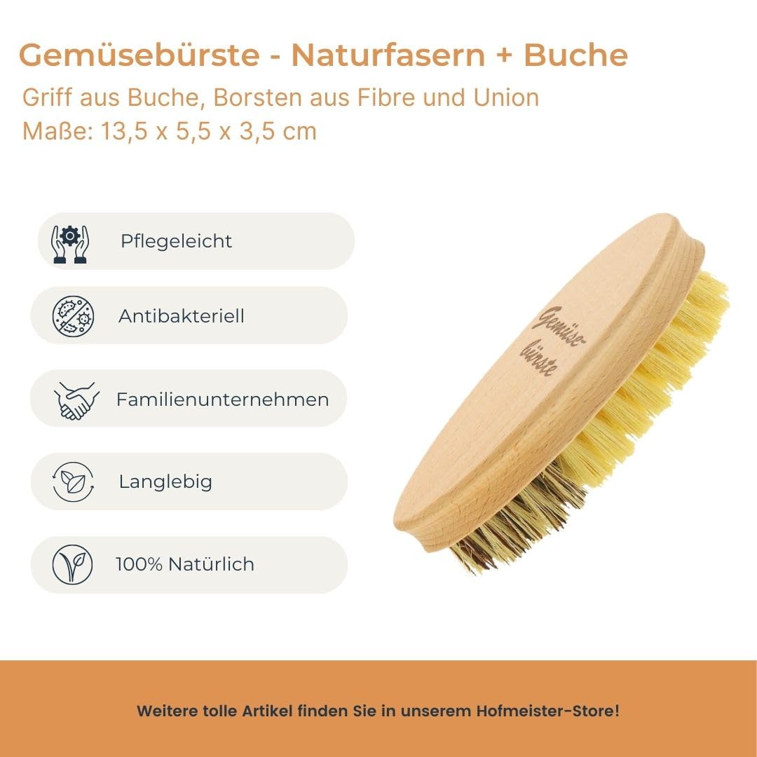 Hofmeister® Cepillo para Verduras 13,5 cm Madera - cerdas Naturales 2 Grados de dureza: Unión Genuina y Fibra, para Patatas, Zanahorias y Verduras, Made in EU
