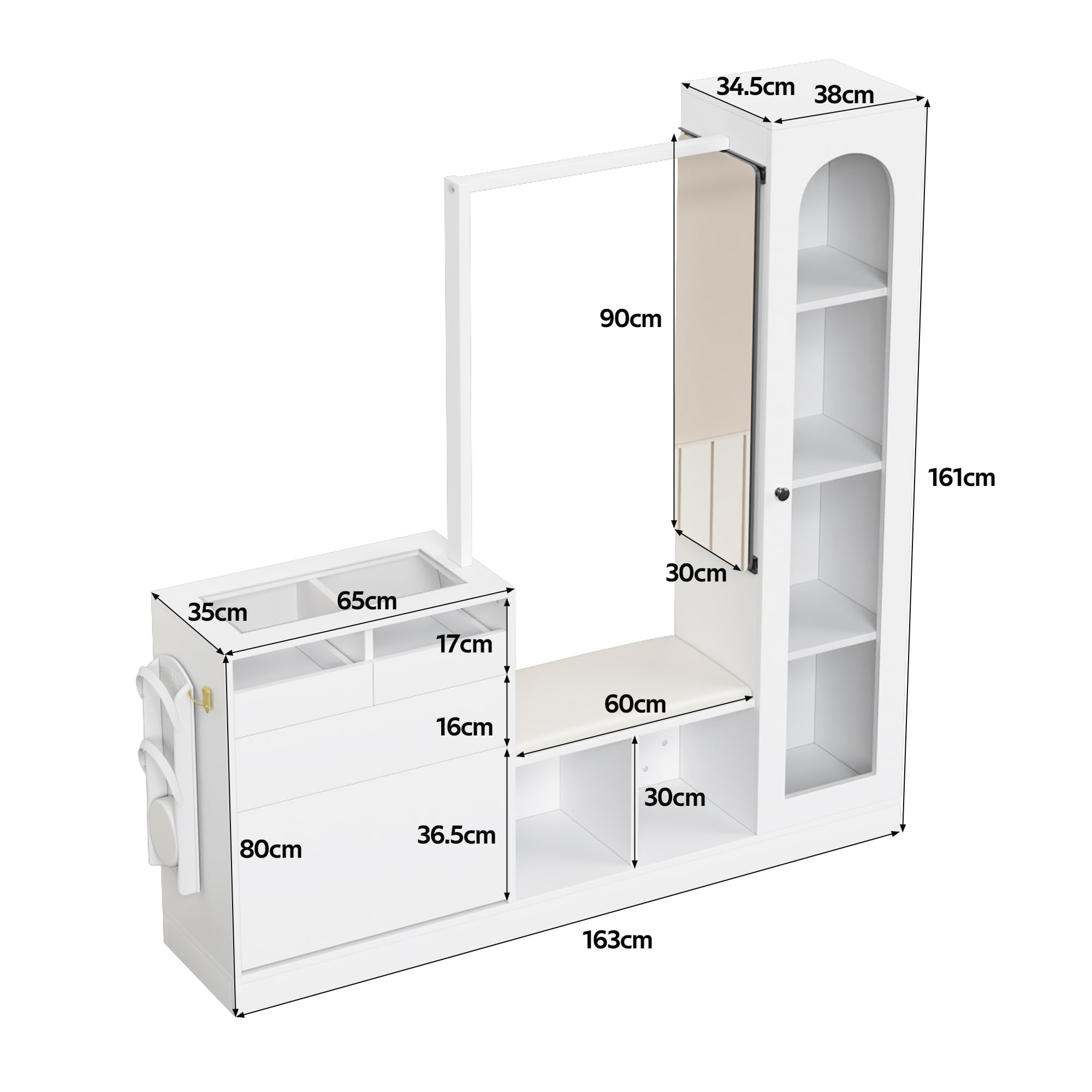 Azkoeesy Set appendiabiti multifunzionale con luce LED, 6 in 1, bianco, moderna combinazione di ingresso con scarpiera | panca imbottita | vetrina in vetro | specchio in vetro | asta appendiabiti |