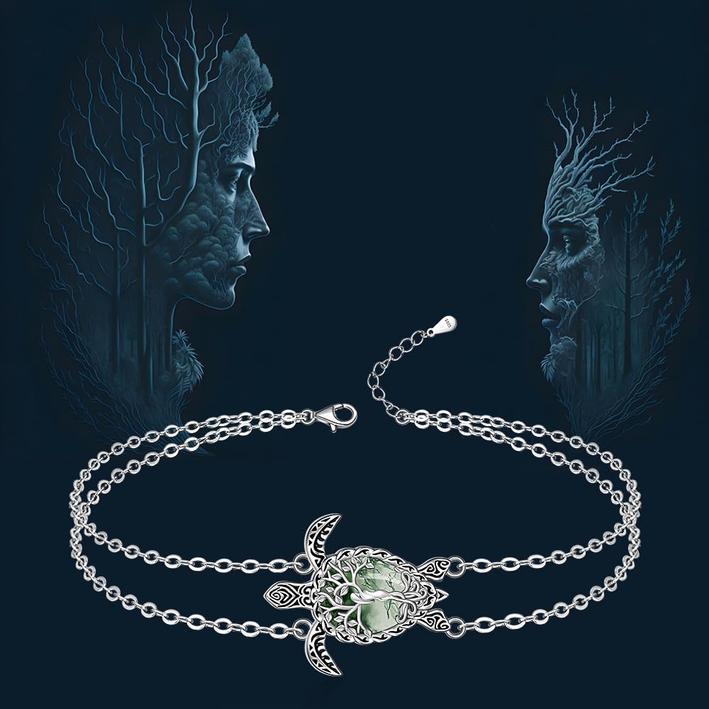 Cavigliera tartaruga in agata muschio, albero della vita, tartaruga, cavigliera da donna, in argento Sterling, oceano, spiaggia, mare hawaiano, gioielli regalo