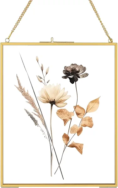 8x10 Gold Floating Picture Frames, Double Glass Hanging Frame for Pressed Flower, Vintage Brass Photo Frame with Metal Chain for Wall Mount, Large Vertical Clear Frame for Artwork Display Gallery Home