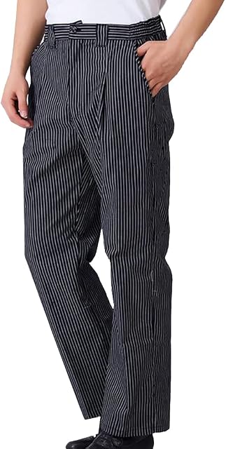 ZhuiKun Unisex Chef Trousers Striped Hotel Kitchen Semi-Elastic Waistband Catering Work Pants Uniform Bottom