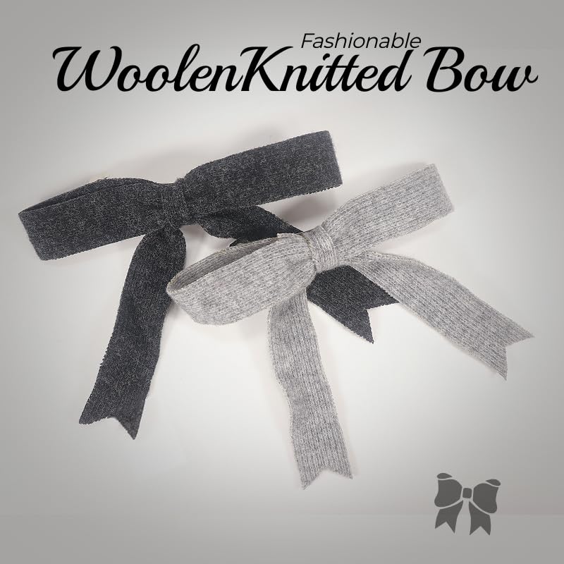 2 Pinzas para el cabello con lazo de punto de lana negro y gris, clips de resorte antideslizantes para cabello fino y grueso, accesorios decorativos elegantes para invierno y atuendos diarios miniatura 2