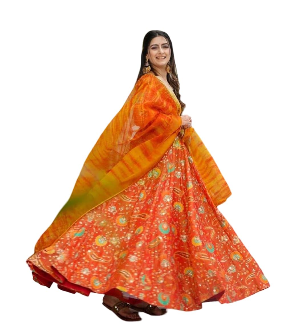 Women's Floral Printed Anarkali Flared Gown with Dupatta, Silk, V-Neck, Floor Length, Ethnic Wear