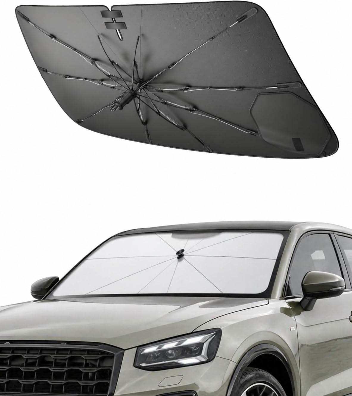 SHAOHAO Kompatibel mit Audi Q2 2017-2026 Sonnenschutz für Autos Windschutzscheibe Sonnenblende Einfache Aufbewahrung Zugschnurgriff UV-Schutz Sonnenschutz Audi Q2 zubehör