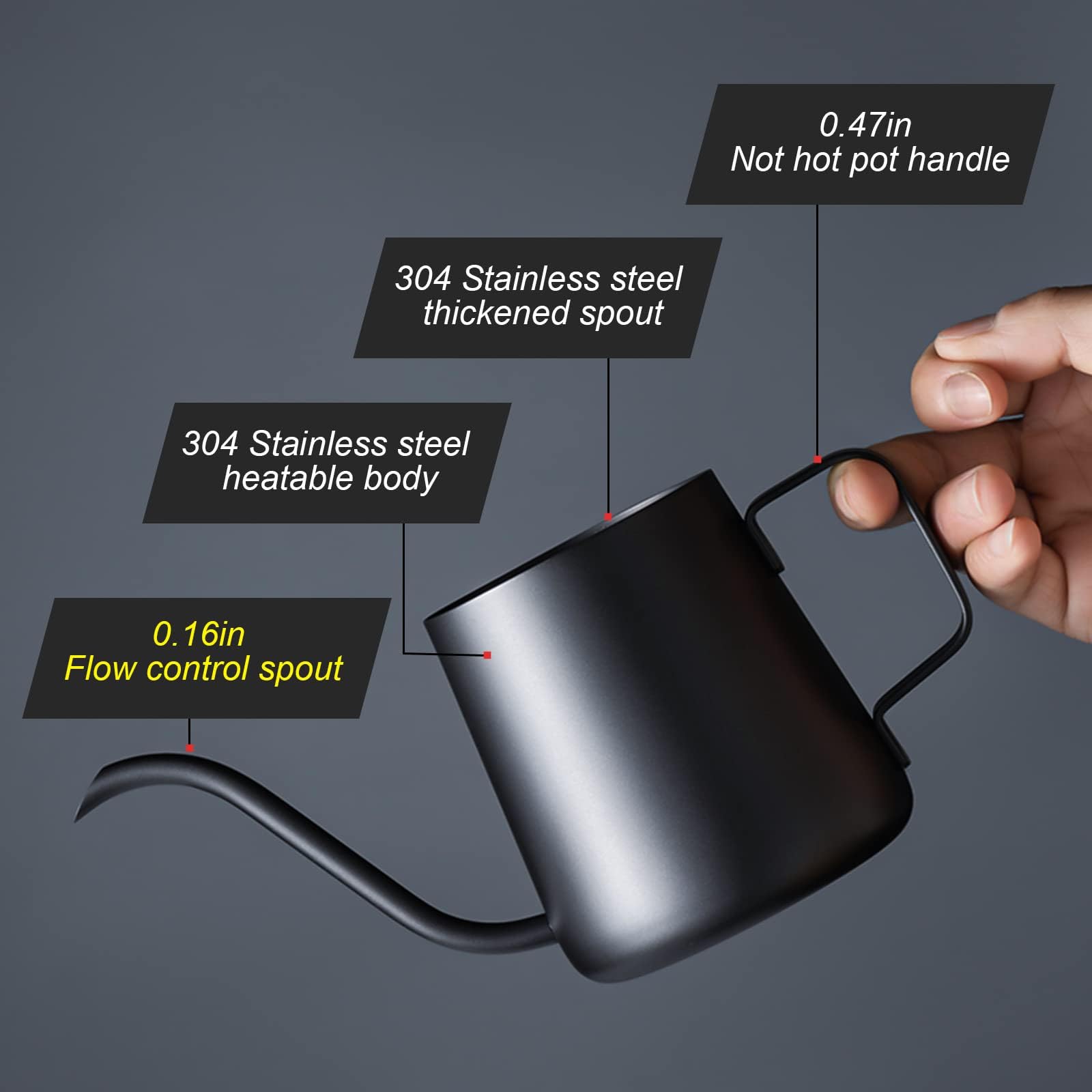 PARACITY Bollitore a collo di cigno con beccuccio da 350 ml, bollitore smussato lungo e stretto, per caffettiera, caraffa, teiera da campeggio, per viaggi, caffettiera all'aperto