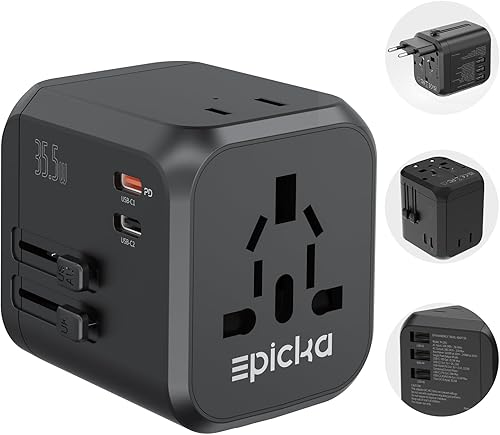 EPICKA Adaptador de viaje universal, adaptador de enchufe internacional con doble salida de CA, 2 USB-C 35W PD carga rápida y 3 USB-A, cargador de
