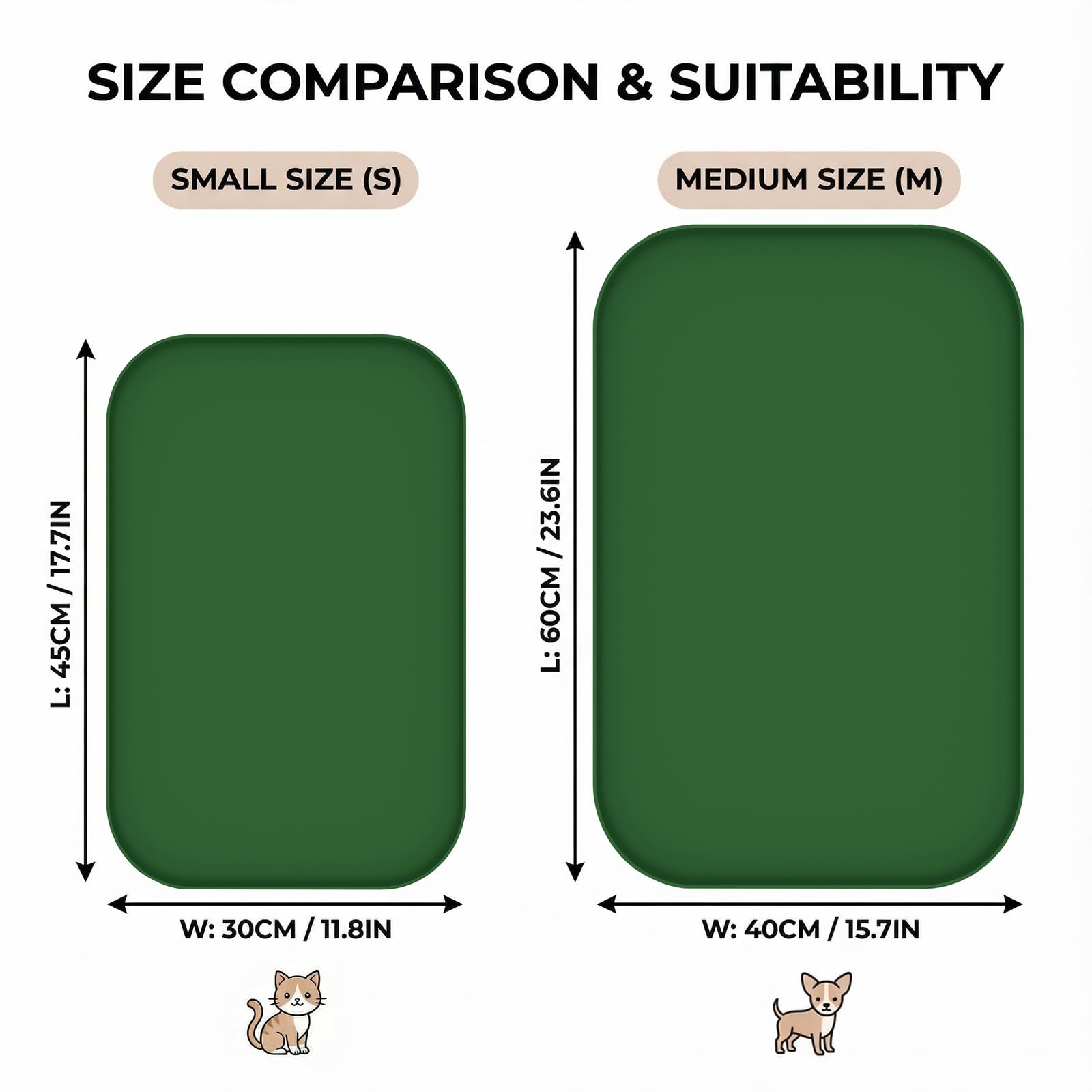 BLESWIN Tappetino impermeabile in silicone per alimentazione animali domestici con bordi rialzati, tappetino per ciotola gatto facile da pulire (Verde scuro, 60×40 cm)