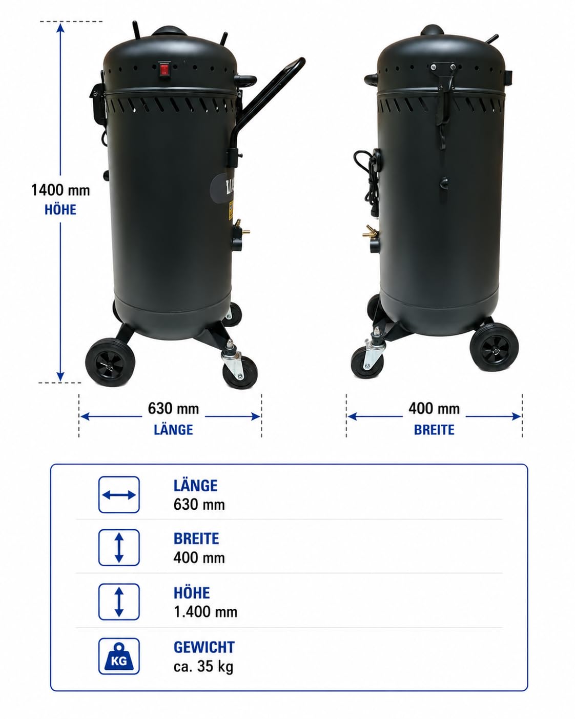 Arenadora móvil de 80 l, con manguera de 2,5 m, 3-6 bares de presión de trabajo con sistema de vacío, sistema de chorro de arena