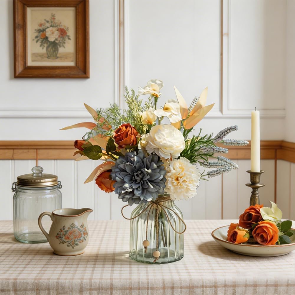 LESING Dahlia Flower Aritificial Flower with Vase Fake Silk Flowers in Glass Vase Faux Rose Flowers Arrangement for Home Office Table Centerpiece Decoration (Blue)