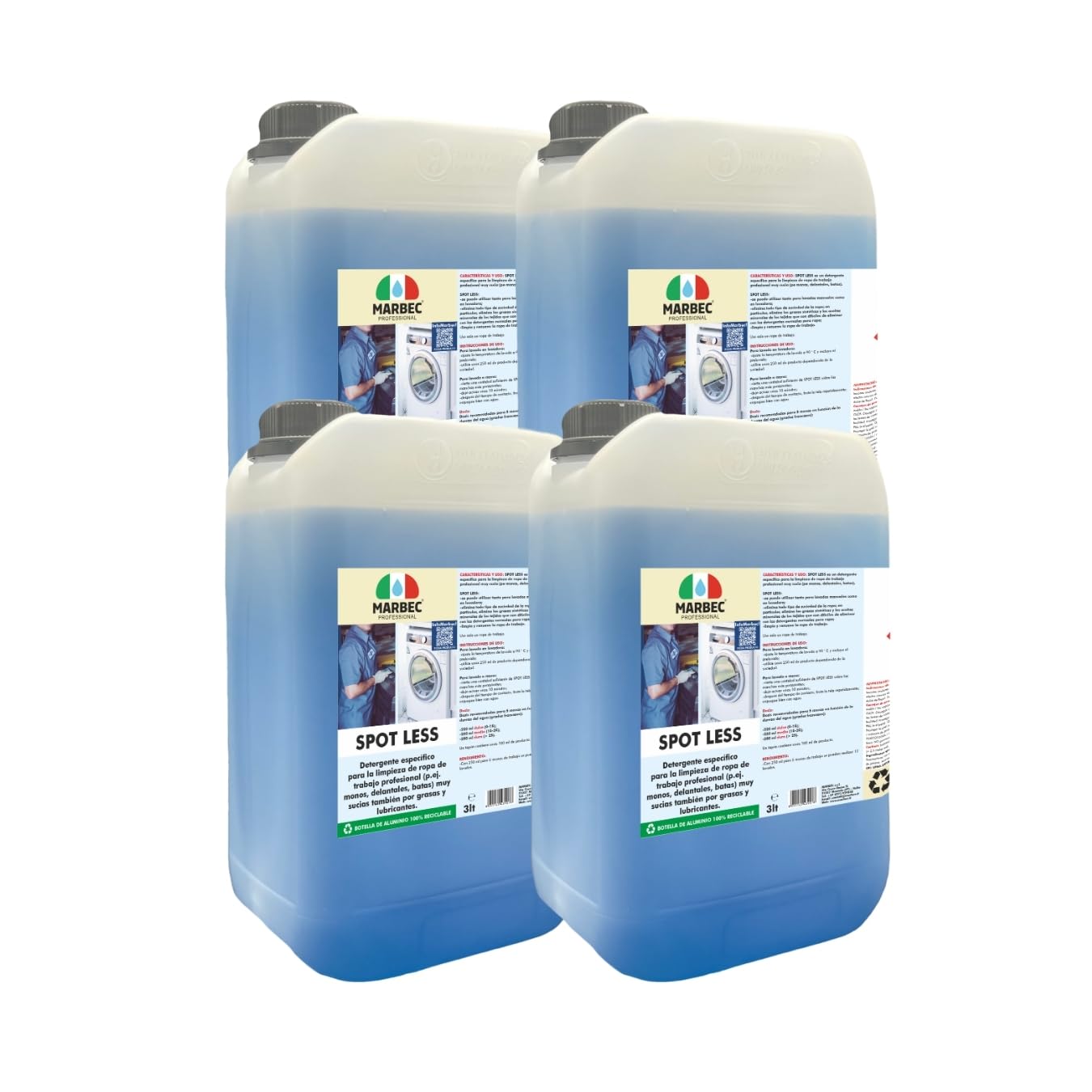 MARBEC SPOT LESS 3LTX4UDS Detergente específico para la limpieza de ropa de trabajo, especialmente los muy sucios por grasas y lubricantes.