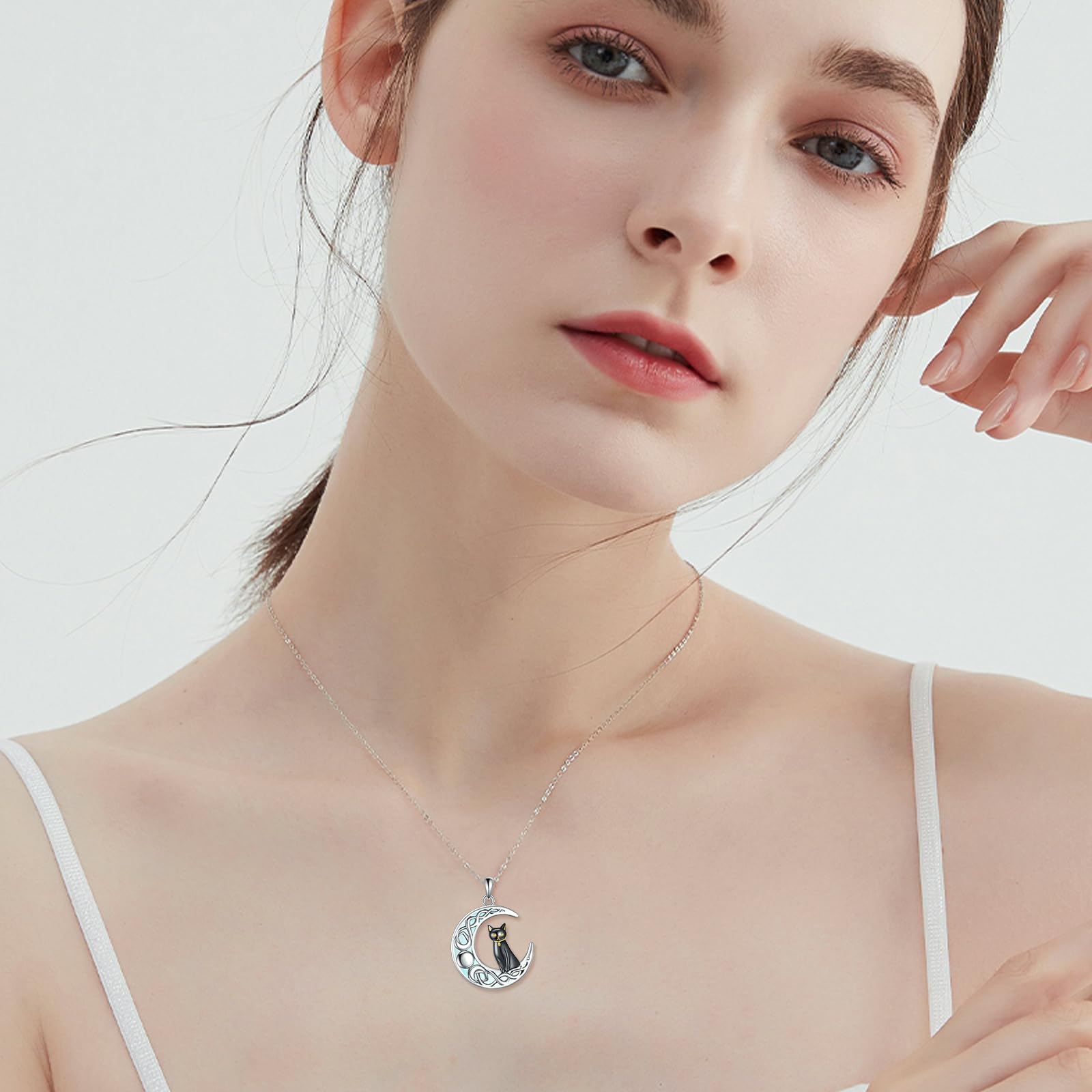 KZX Schwarze Katze Mond Halskette Katze Geschenke für Katzenliebhaber Sterling Silber Katzen Halskette auf dem Mond Anhänger Halskette keltischen Schmuck Geschenke für Frauen Mädchen