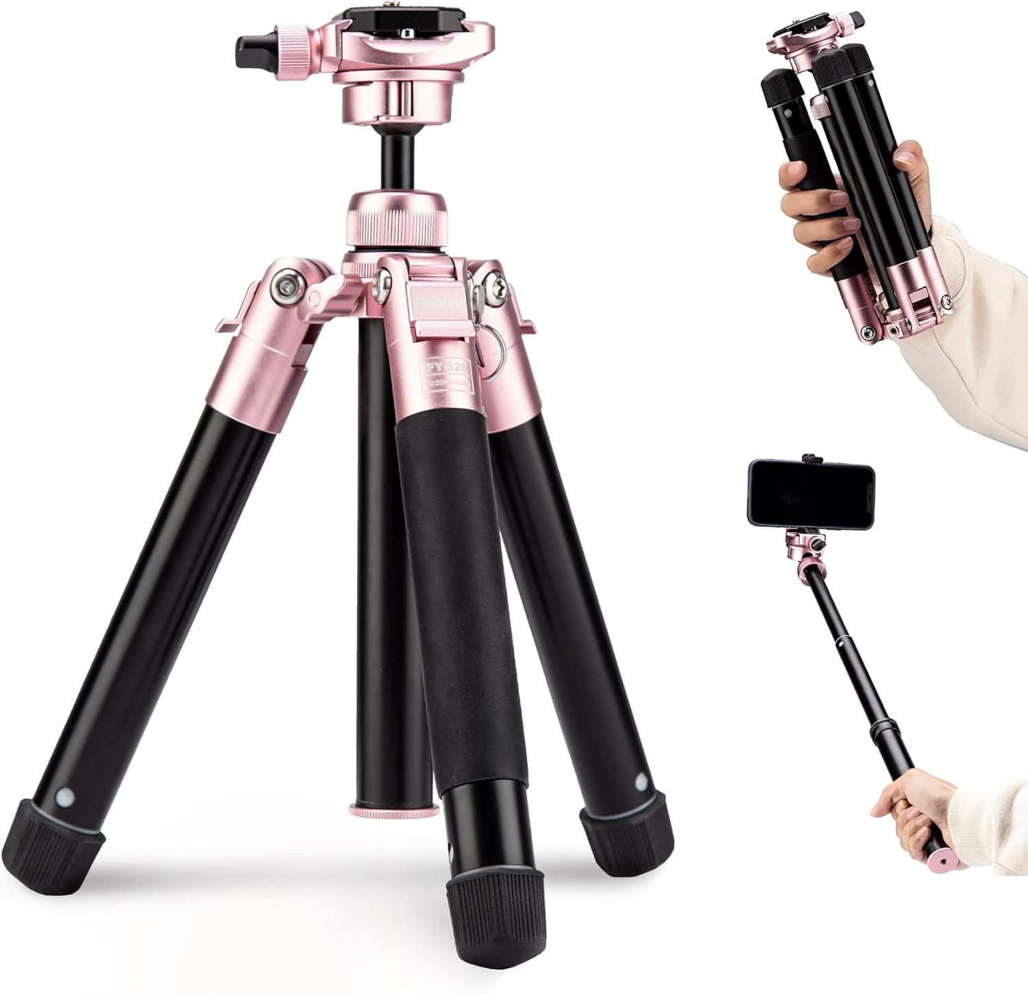 Fotopro Mini Tripod, 60″ Lightweight Compact Travel Tripod with 360 Degree Ball Head Phone Mount Detachable Selfie Stick, Camera Phone Tripod Max Load up to 8.8 lbs, Free-1 Pink