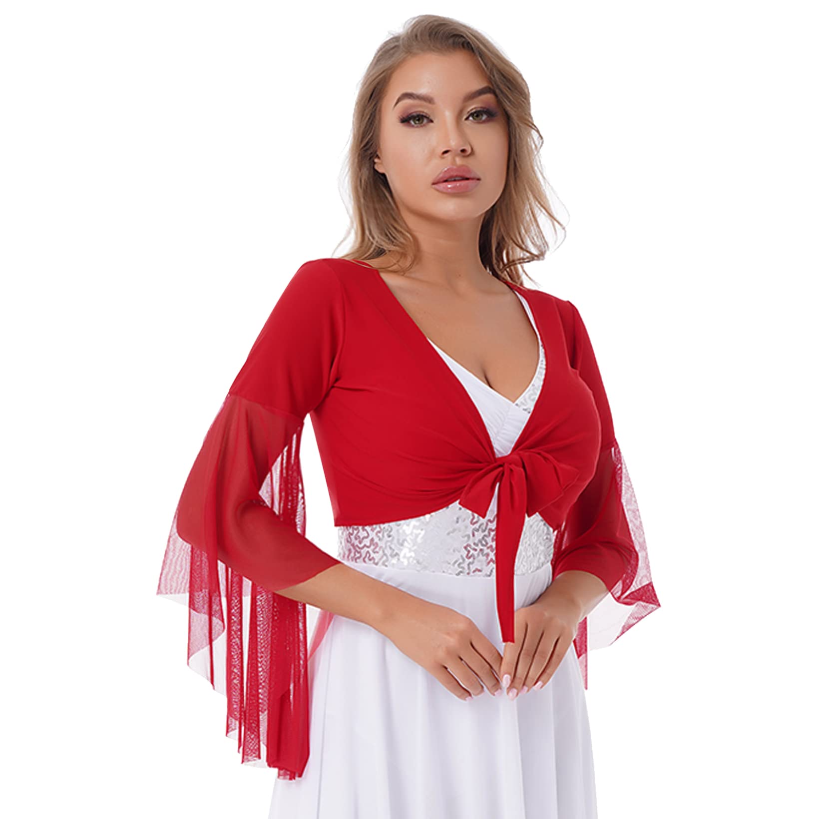 JanJean Women 3/4 Tulle Flared Sleeve Crop Top Cardigans Glittery Dance Top Performance Costumes Red One Size