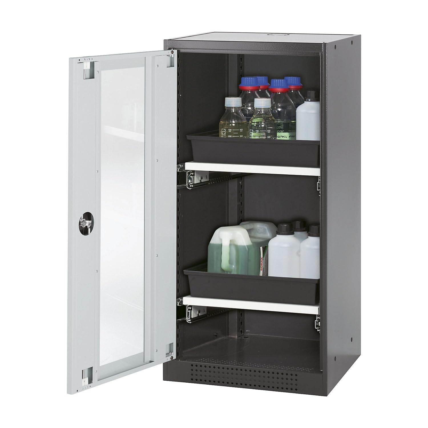 asecos | Armoire de Laboratoire pour Produits Chimiques | 1 Porte | mi-Hauteur | 2 tablettes coulissantes | avec vitre | Gris