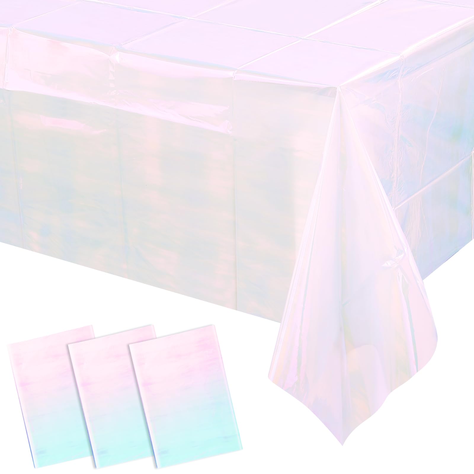 3 Pack Iridescent White Plastic Tablecloth, Shiny White Disposable Laser Rectangle Table Covers, Holographic Foil Tablecloth Party Decorations for Birthday Bridal Wedding Banquet, 40 x 108 Inch