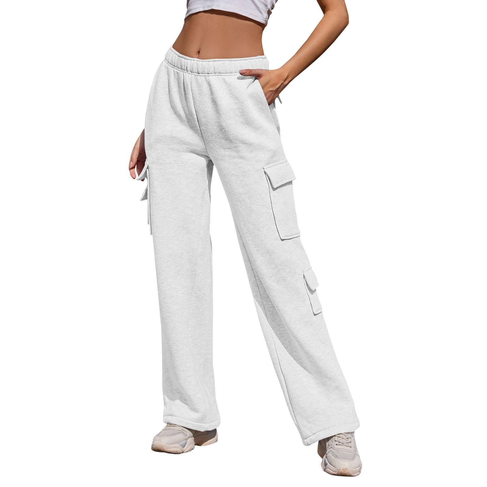 Womens Lightweight Elastic Waist Loose Athletic Pants Solid Color Casual Flap Pockets Cargo Pants Trousers