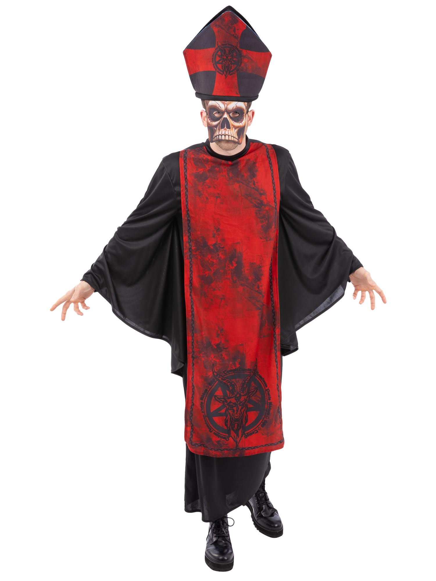 Smiffys Cardinal Sin Costume for Men with Red Robe Hat and Skull Mask Halloween Fancy Dress Outfit Sinister Priest Horror Costume - Image 4