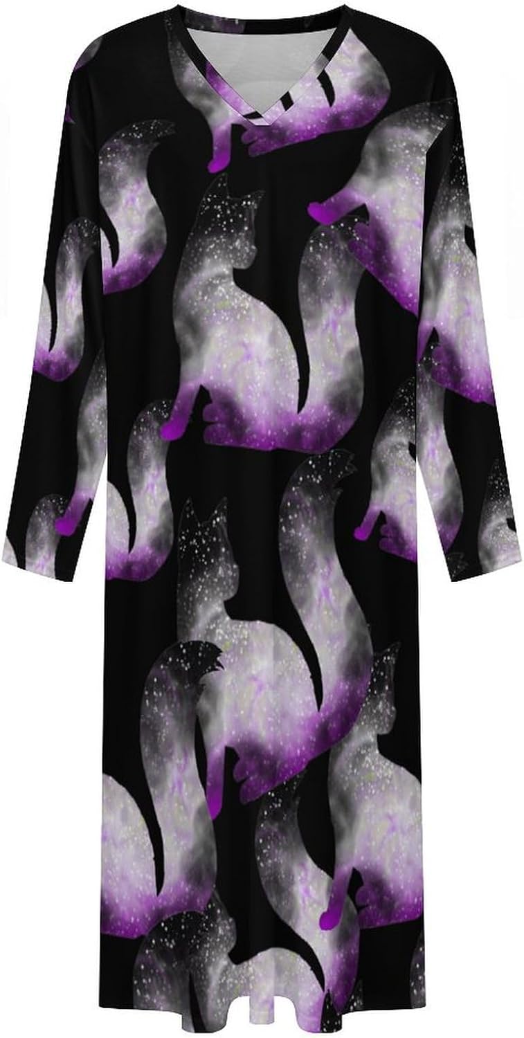 Asexual Space Cat Men's Kaftan Thobe Long Sleeve Robe V Neck Casual Gown