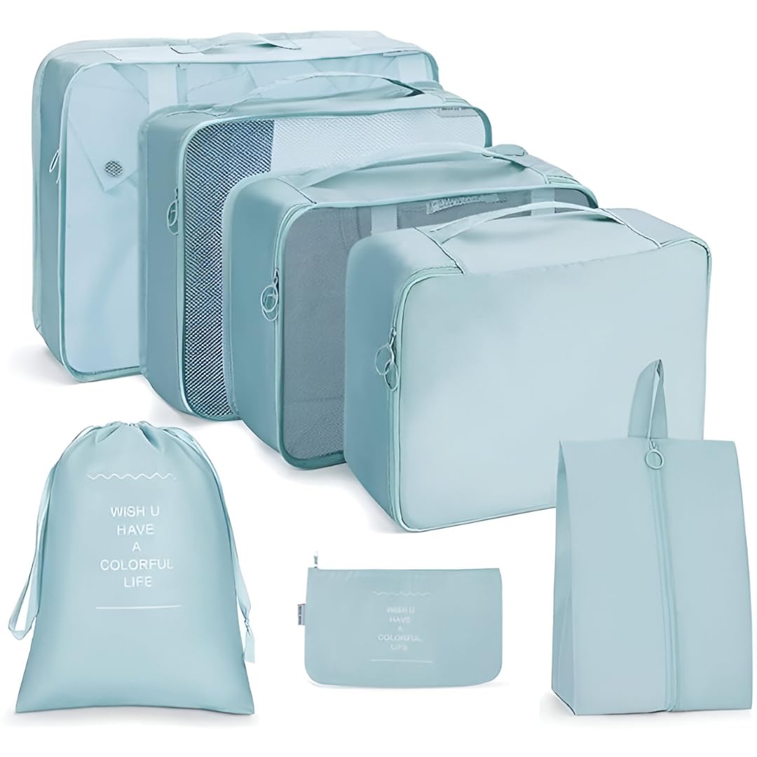 7-in-1 Travel Organizer Set – Nylon Packing Cubes, Makeup Bags, Shoe & Laundry Bags – Compact Luggage Organizers for Clothes, Cosmetics & Toiletries – Travel Essentials (BLUE)-image-25