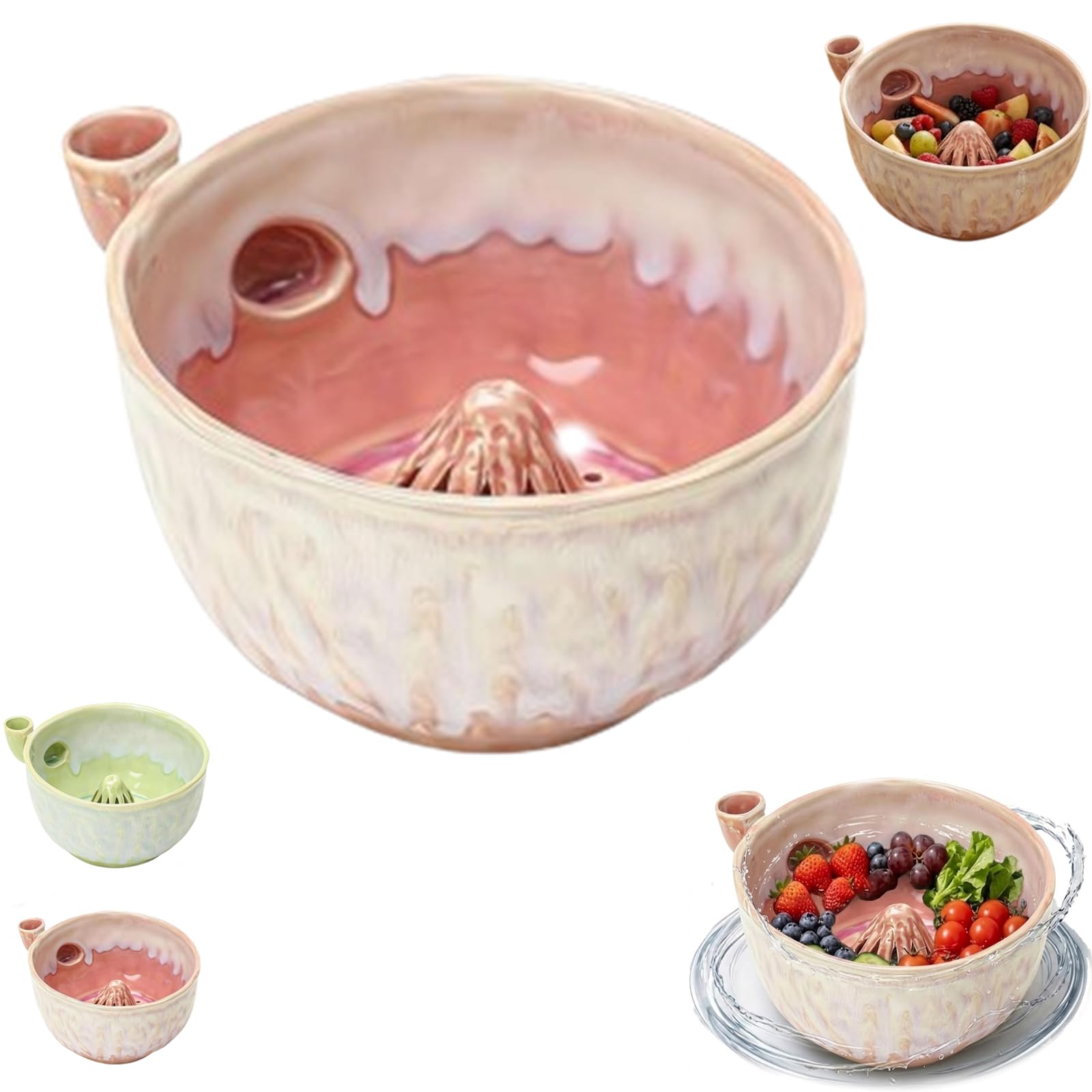 Self Spinning Berry Washing Bowl Ceramic, Beerenwaschschüssel Keramik, Berry Washing Bowl Ceramic, Keramik-Beerenwaschschale mit Abfluss – Waschschüssel, Sieb und Spülkorb für Obst (Pink (6.29in))