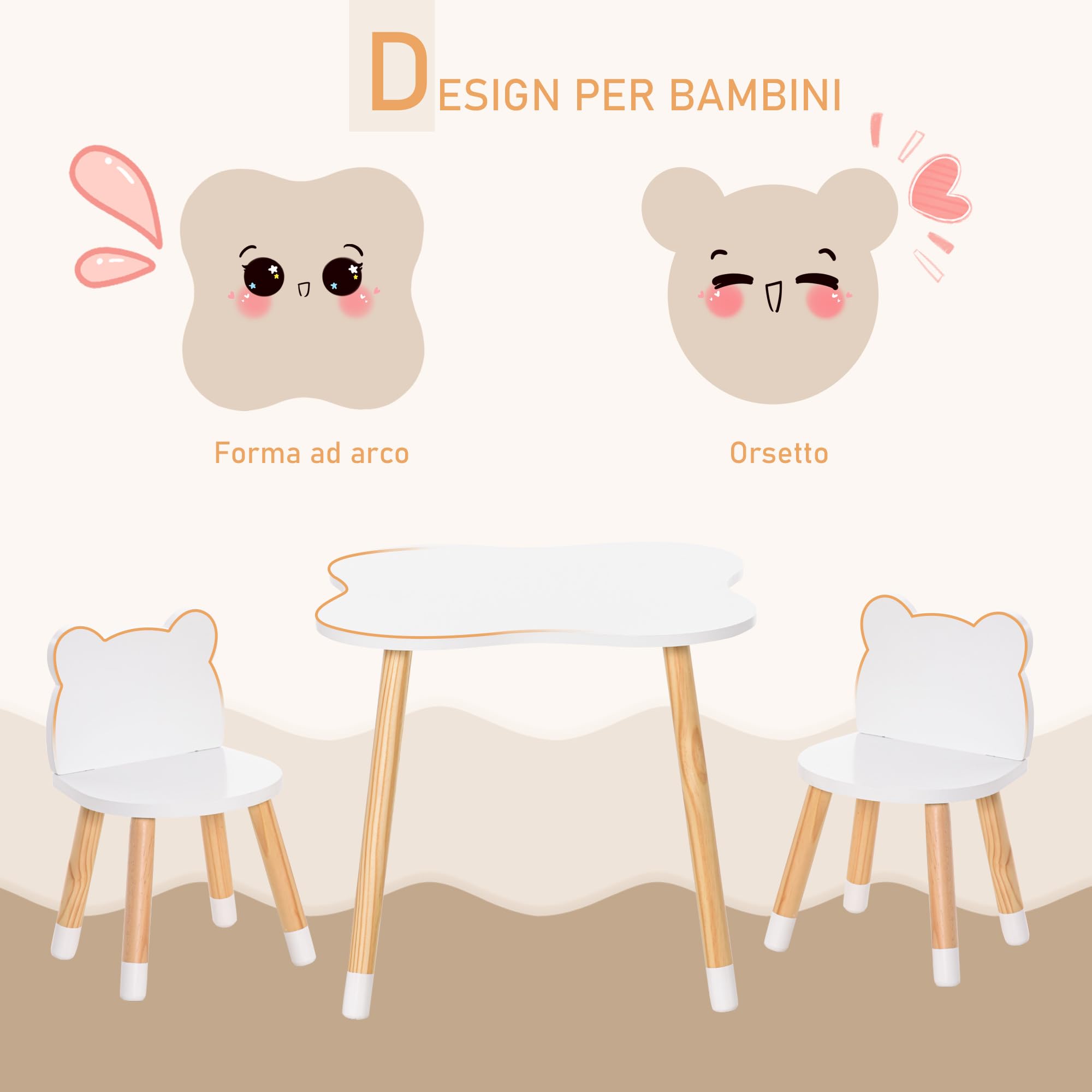 HOMCOM Set Tavolino per Bambini e 2 Sedie, 1-4 Anni, in Legno, Bianco | Tavolo per Bambini, Sedie a Orsetto, per Cameretta