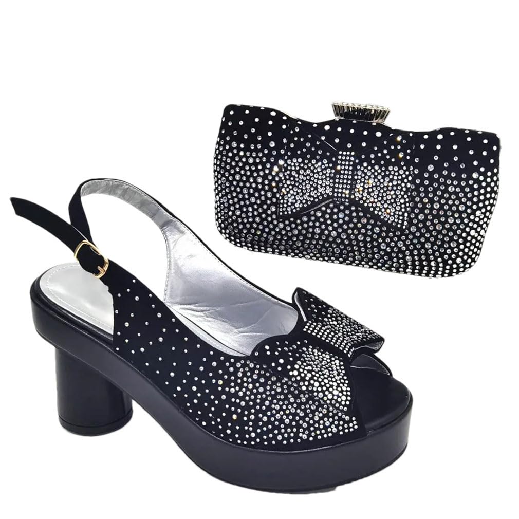 Chaussures à talons carrés et sac de luxe ornés de strass