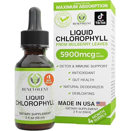 Benevolent Chlorophyll Liquid Drops – Detox & Immune Support, Internal Deodorizer & Skin Health Supplement, Non-GMO, 4 Month Supply, Natural Mint Flavor