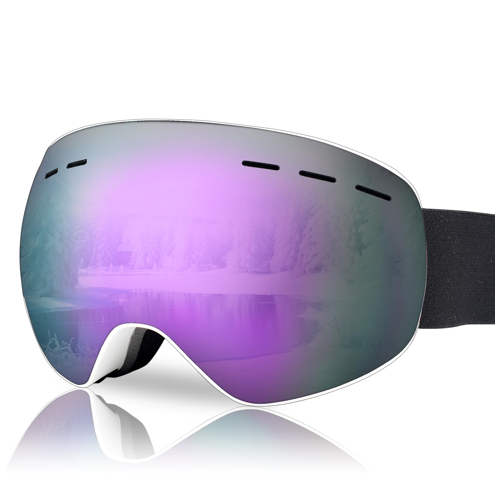 NewBEP Ski Snowboard Goggles - UV Protection Anti-Fog Outdoor Ski Goggles - OTG Snow Skiing Glasses for Men Women Youth (White Frame - Purple lens)
