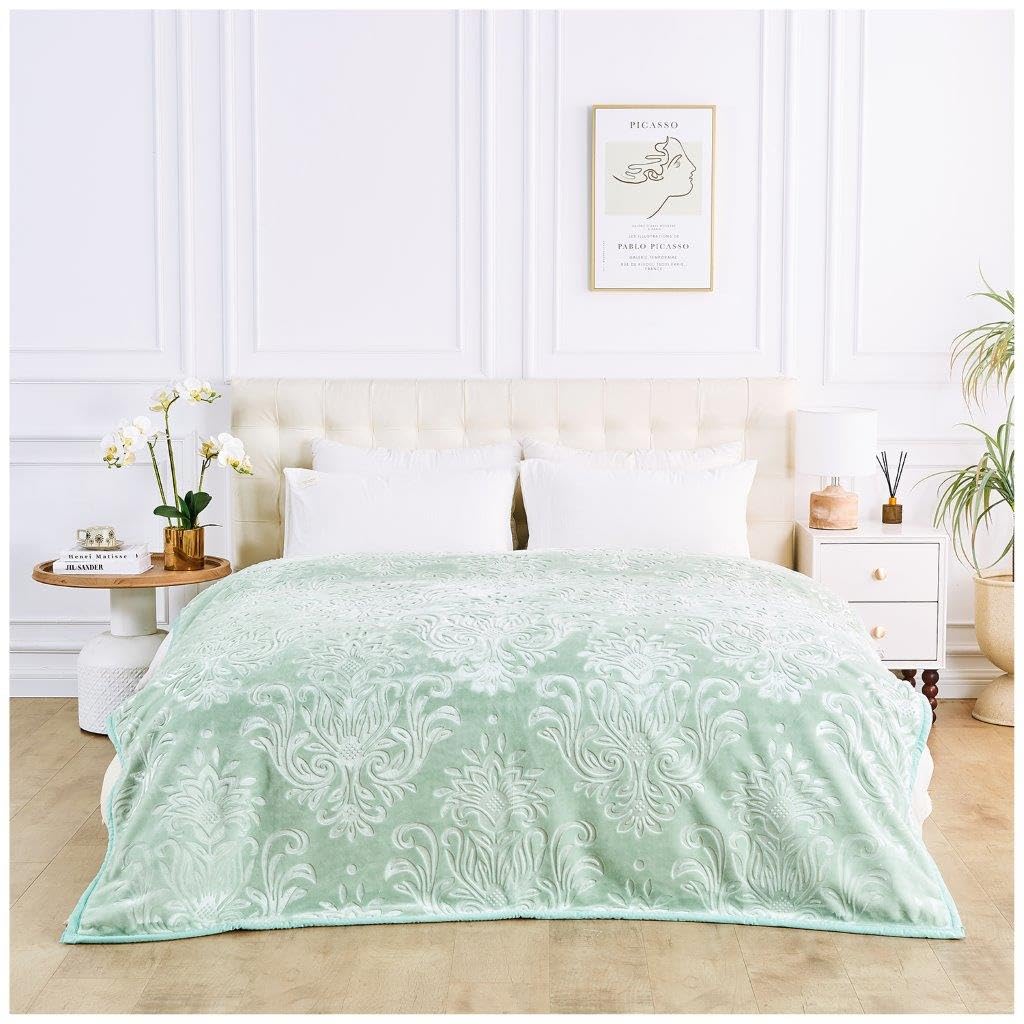Lions Sage Green Weighted Blanket King Size - 4Kg Fleece Warm Blanket, Ultra Soft Thick Bed Heavy Throws For Adults, Stress-Anxiety Relief, Embossed Damask Pattern - (200X240 Cm)