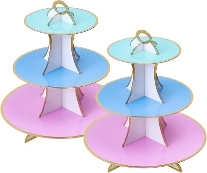 Soleebee 3-Tier Round Cupcake Stand, Multicolor Cardboard Cupcake Tower, Cup Cake Stand Tower for Birthday Wedding Party Decoration, Cupcake Tier Stand Desserts Display 2 Set Purple+Blue Gold