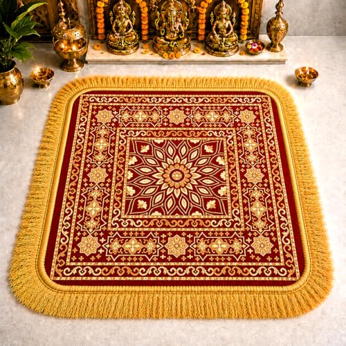 Image of Premium Prayer Mat /Aasan for Home Temple & Meditation | Soft Velvet Touch Cushioned Pooja Mat with Tassels | Washable Floor Rug for Mandir, Yoga, Sitting Mat | 20 x 20 Inch (RED)