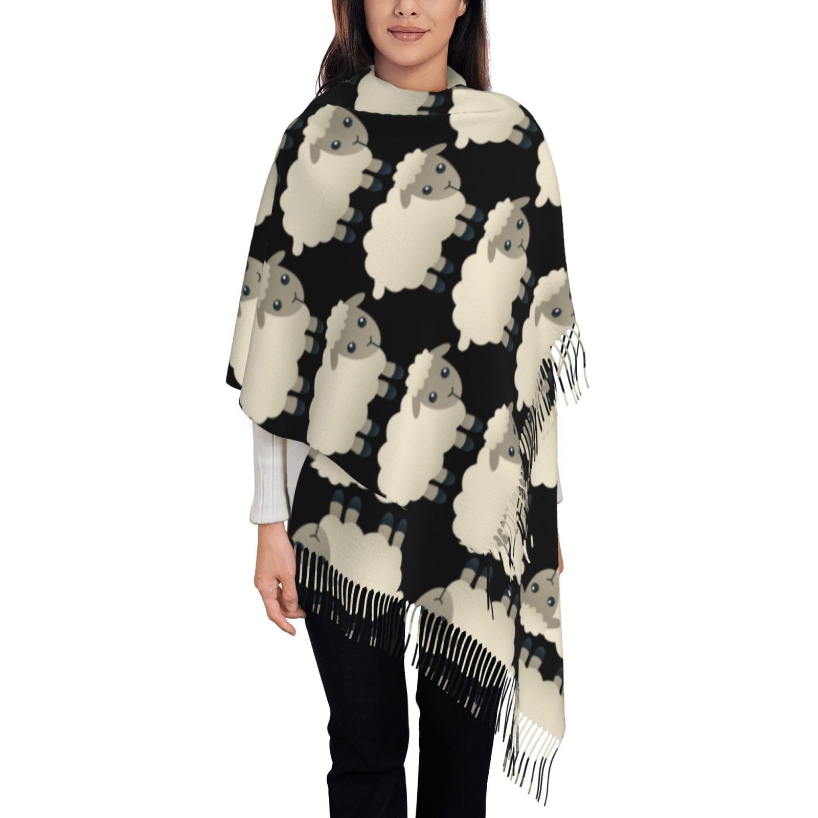 Ouyniei Women's Sheep Print Stylish Soft Cashmere-Like Fringe Scarf - Warm Lightweight Scarf For
