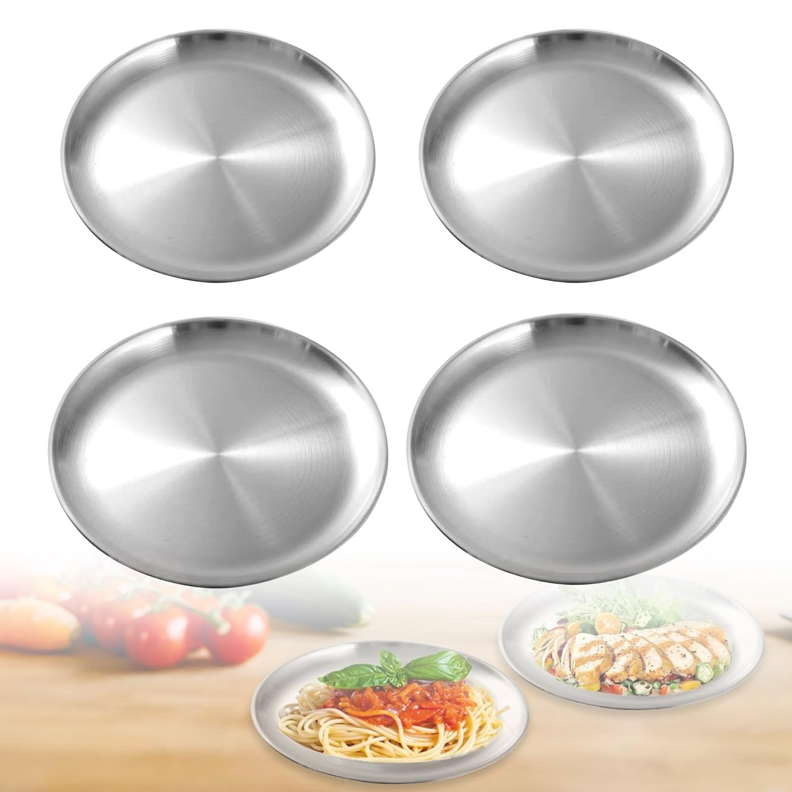 4 piatti in acciaio inox Φ 20 cm e 23 cm, piatti rotondi in acciaio inox, piatti da campeggio, piatti in acciaio inox stabili per campeggio, picnic, escursioni, cucina
