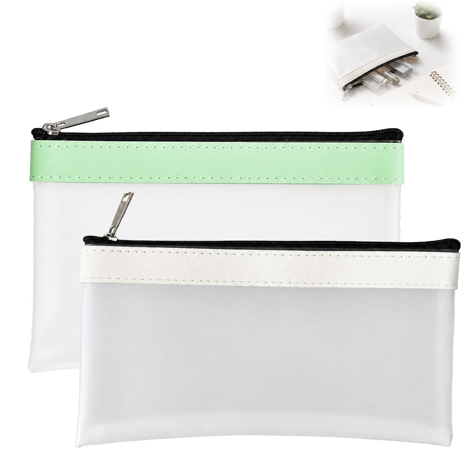Clear Pencil Cases, 2-Pack, Zip Pouches, 20.5 x 10 cm, Mint Green And White